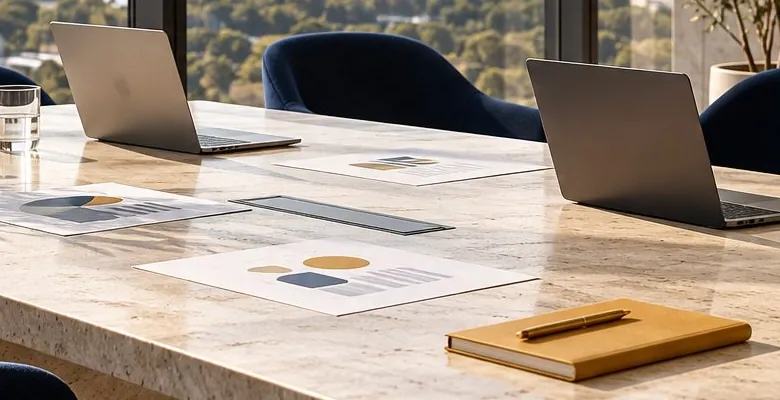 Mesa de reunião com notebooks, gráficos impressos e um caderno amarelo
